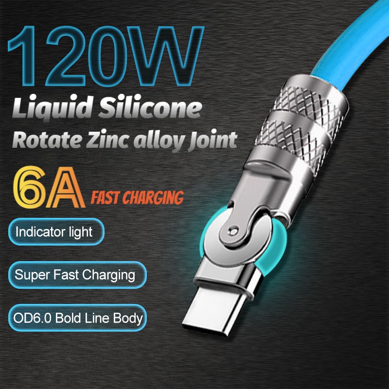 Dây Cáp Sạc USB Type-C Chơi Game 120W 6A Xoay 180 Độ Bằng Silicon Dành Cho Samsung iPhone Huawei