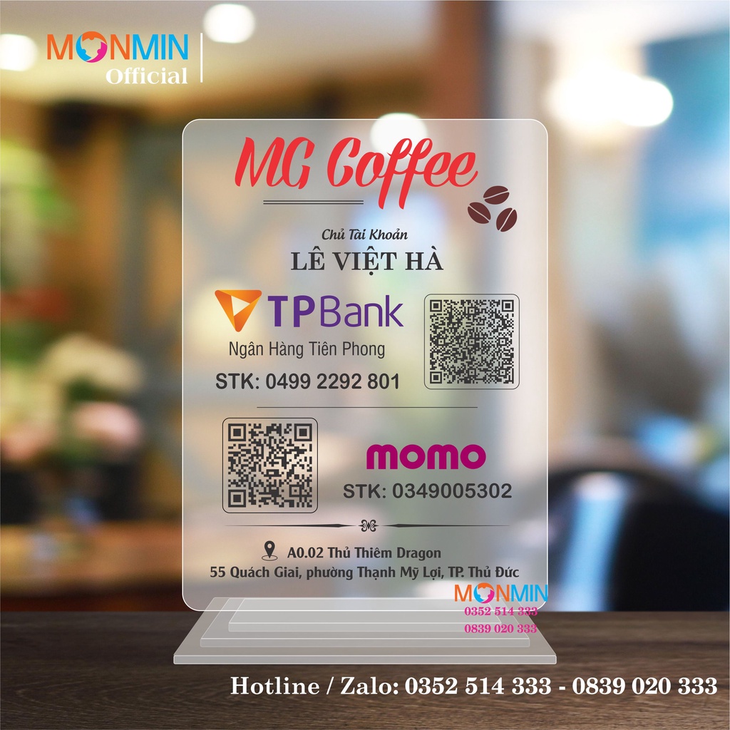 Bảng tài khoản ngân hàng, mã QR, thanh toán, chuyển khoản, tên shop - Chất liệu mica in UV - Chính hãng Monmin