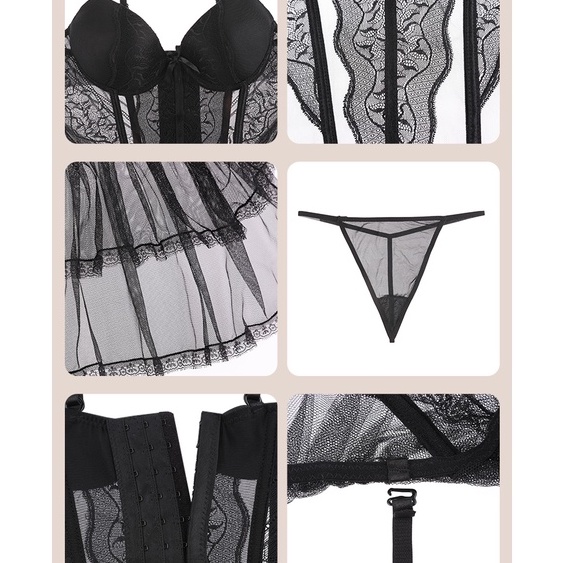 Corset nội y gợi cảm họa tiết sóng biển sexy - váy ngủ 2 dây ren lưới cao cấp xuyên thấu kèm cúp ngực gợi cảm