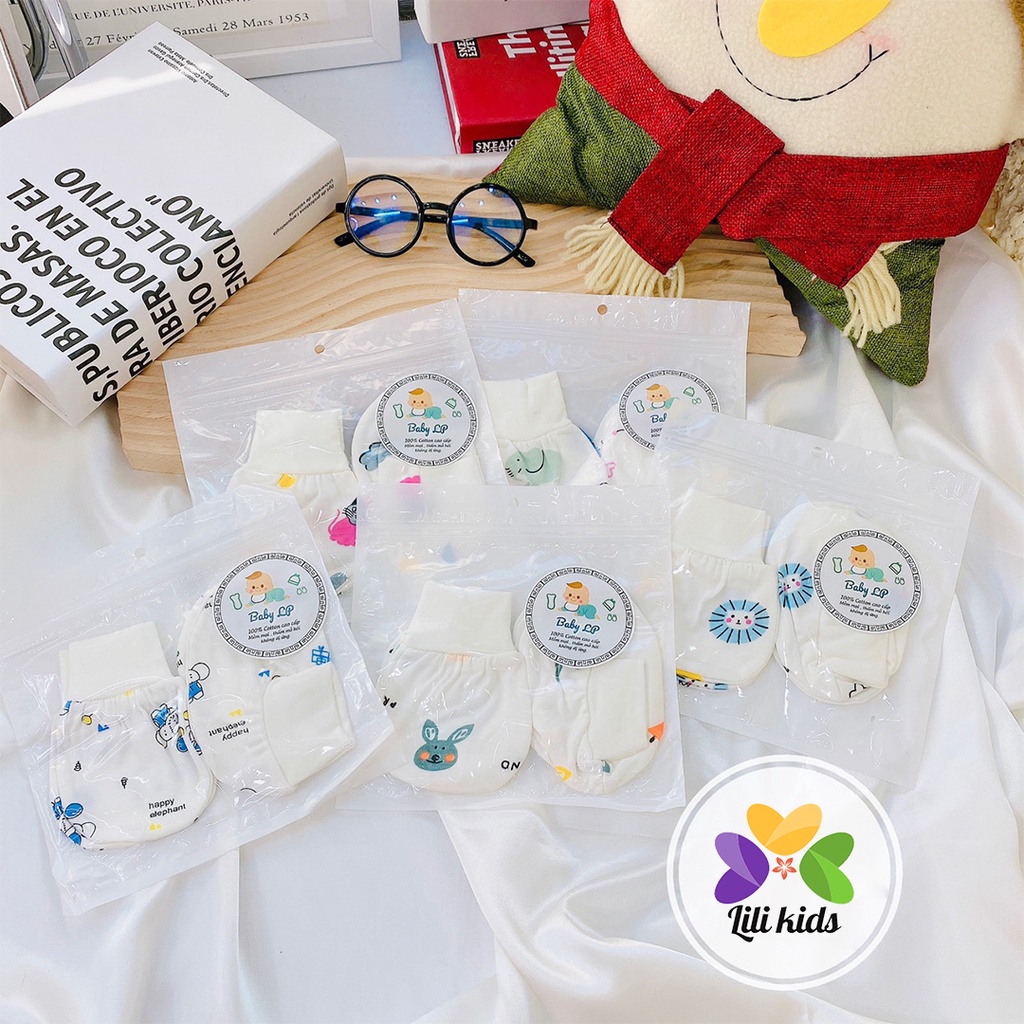 Set mũ bao tay bao chân sơ sinh chất cotton thun lạnh mềm mại cho bé trai bé gái sơ sinh từ 0-3 tháng LILIKIDS
