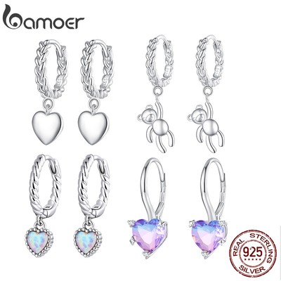 Bamoer Bông Tai bạc 925 Hình Gấu / Trái Tim / Mặt Kính Nhiều Màu Thời Trang Cho Nữ