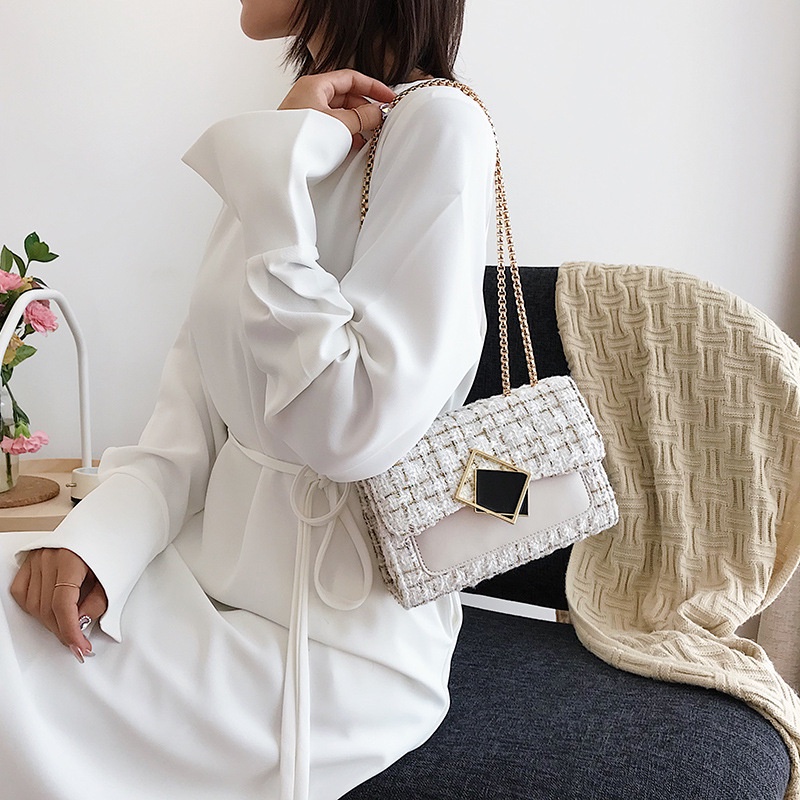 Túi Đeo Vai Bằng Len Phối Dây Xích Phong Cách Hàn Quốc Thời Trang Dành Cho Nữ