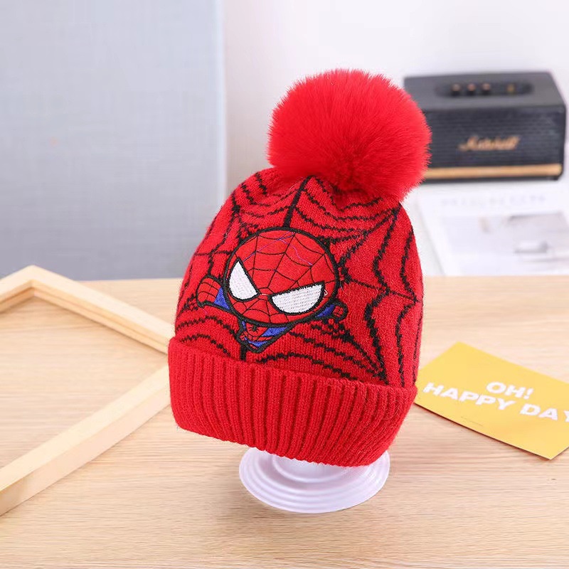 Mũ Len Beanie Đính Bóng Lông Thêu Hình Người Nhện Disney Thời Trang Thu Đông Cho Bé Trai Và Gái