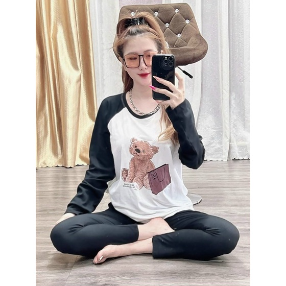 Set Cotton Tay Dài Raglan Màu Trơn Đơn Giản - Logo Thêu In Gấu Sắc Nét - SP Y Hình