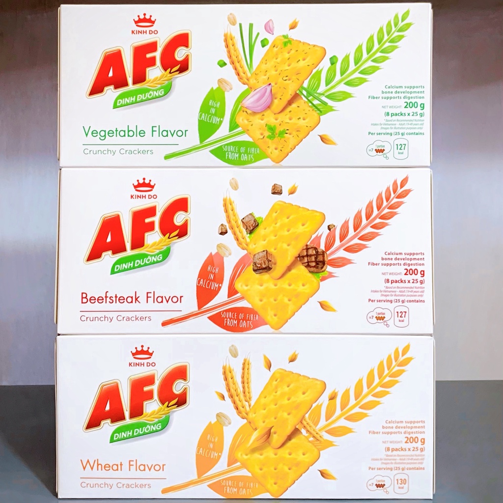Bánh Quy AFC Mặn Vị Rau/ Lúa Mì/ Bò Bít Tết Hộp 193,8g , Bánh Cracker Mặn Kinh Đô