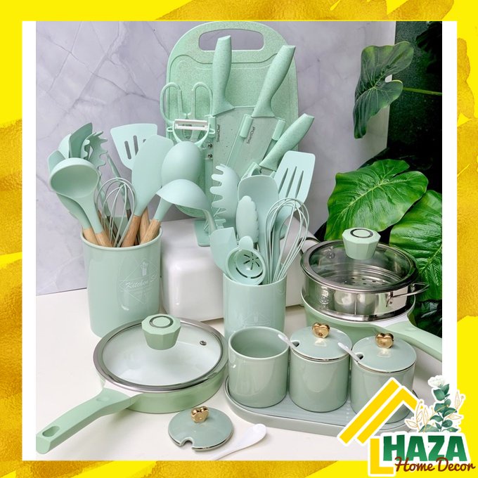 Bộ dụng cụ nhà bếp Màu xanh mint, Bộ dao kéo nạo thớt, thìa muỗng silicon cán gỗ, nồi chảo, hũ gia vị gốm sứ [Haza Home