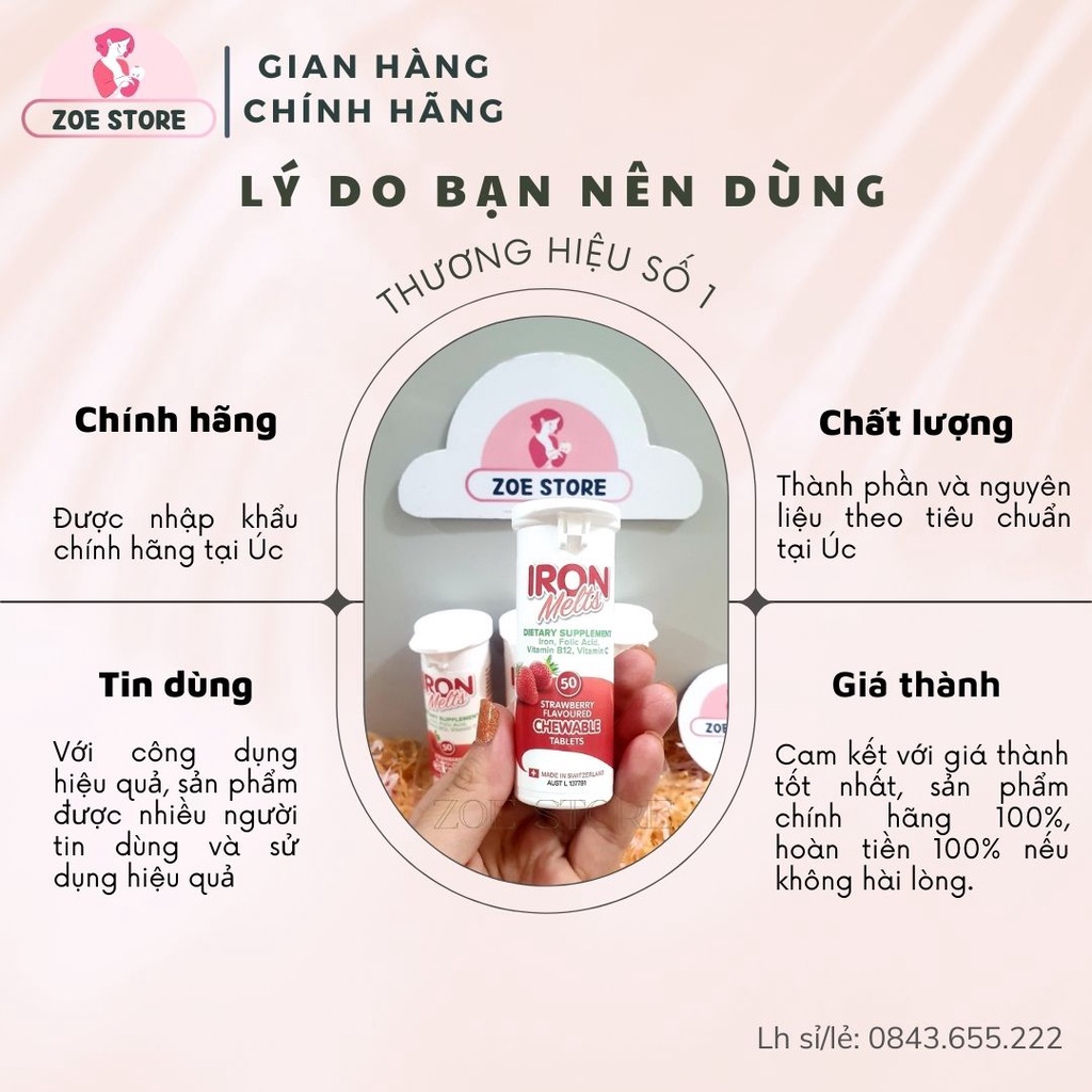 Viên sắt ngậm Iron Melts vị dâu 50 viên của Úc