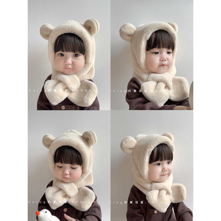 Mũ Trùm Đầu Kèm Khăn Choàng Cổ Dày Dặn Chống Lạnh Màu Trơn Hình Gấu Dễ Thương Cho Bé