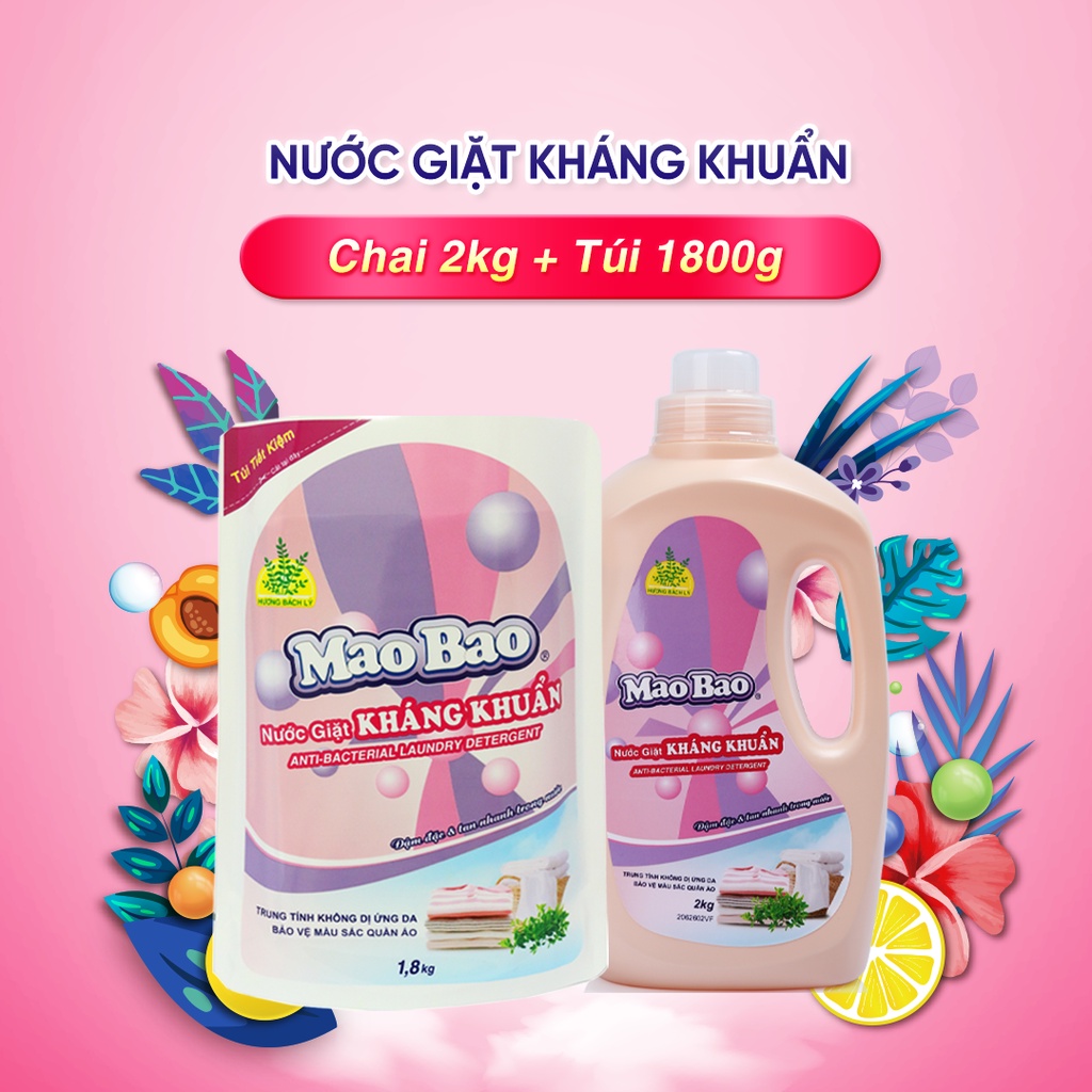 Nước giặt kháng khuẩn Mao Bao 1 chai 2Kg + 1 túi 1.8Kg Hương hoa bách lý khử mùi, kháng khuẩn, an toàn da