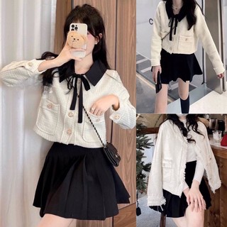 Áo khoác dạ tweed hai lớp tiểu thư cổ nơ rời sang chảnh phong cách Hàn Quốc