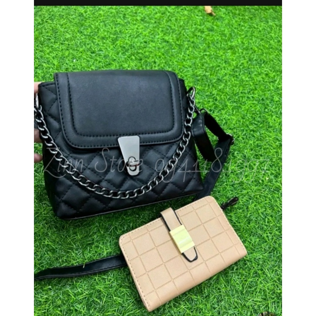 Túi Đeo Chéo Đeo Vai Dáng Vuông Khóa Xoay Phối Dây Xích Siêu Xinhh TTX159