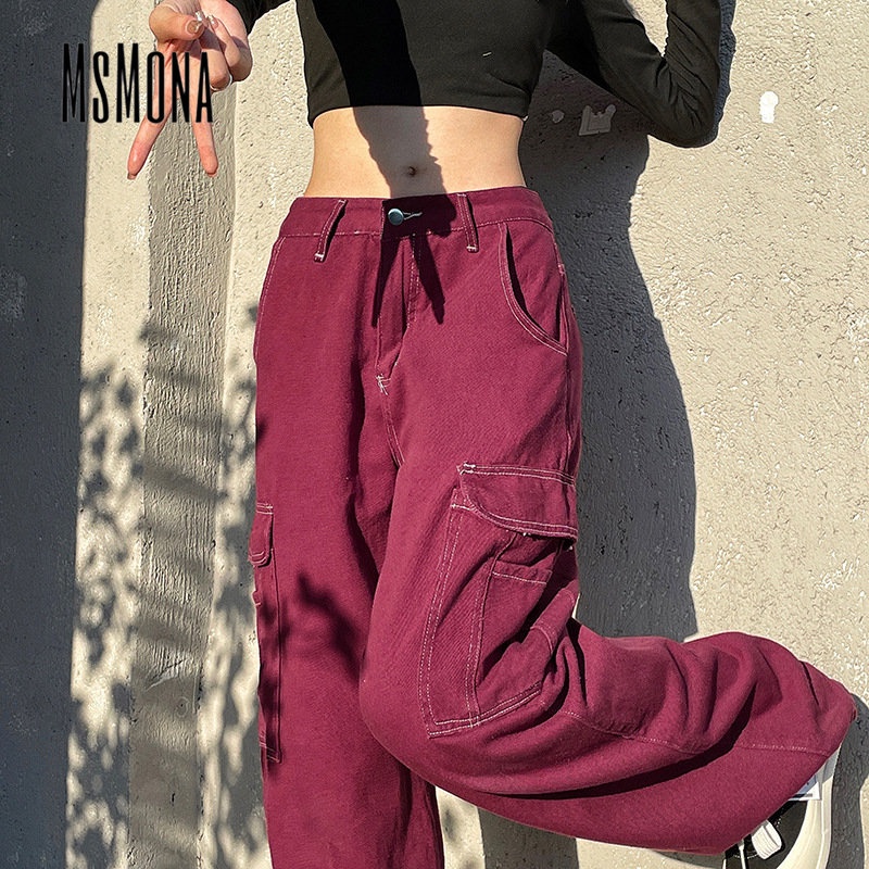 MsMona Quần Jean Ống Rộng Màu Đỏ Trơn Có Túi Thời Trang 2022 Cho Nữ