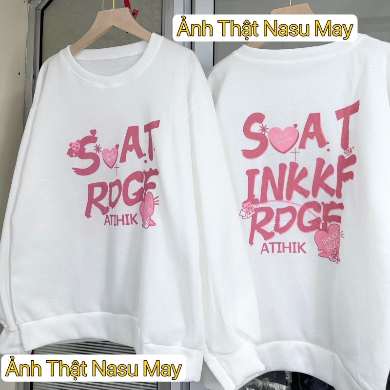 Áo Sweater SOAT Nữ Form Rộng Cổ Tròn Màu Trắng In trái tim Chữ Màu Hồng