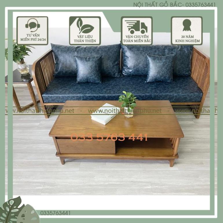 Bộ sa lông nan gỗ sồi chung cư phong cách Indochine hiện đại kèm bàn trà kích thước ghế dài 1m8