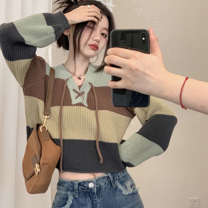 Áo Sweater Tay Dài Kẻ Sọc Màu Sắc Tương Phản Phong Cách Hàn Quốc