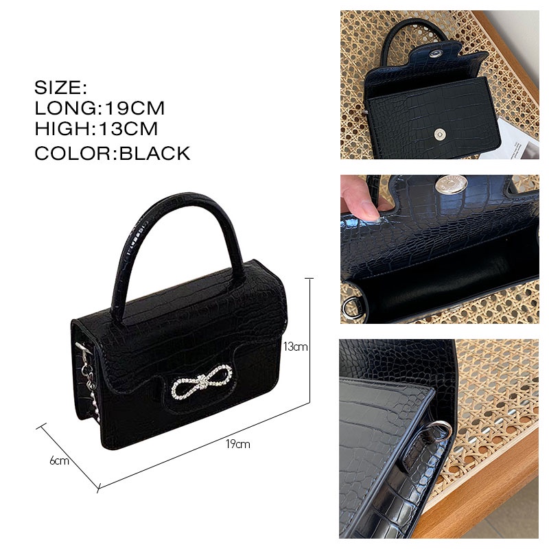 CHIC JOY❤Túi xách Messenger nữ họa tiết cá sấu dây nơ đeo vai lật đơn túi vuông nhỏ