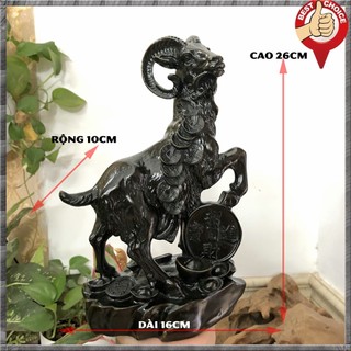 Tượng đá con dê phong thủy trang trí bàn làm việc mang may mắn tài lộc - Chiều cao 26cm - Màu nâu đen