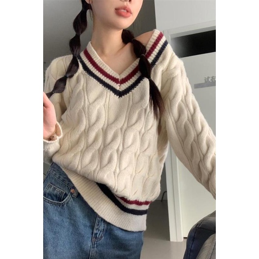 Áo Dệt Kim Cổ Chữ V Dáng Rộng Phong Cách Hàn Quốc Dành Cho Nữ