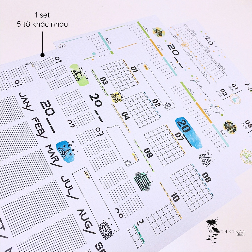 Bộ 5 tờ lịch ghi chú kế hoạch A4 dùng cho tất cả các năm chủ đề rạp xiếc / circus future log / thetranstudio