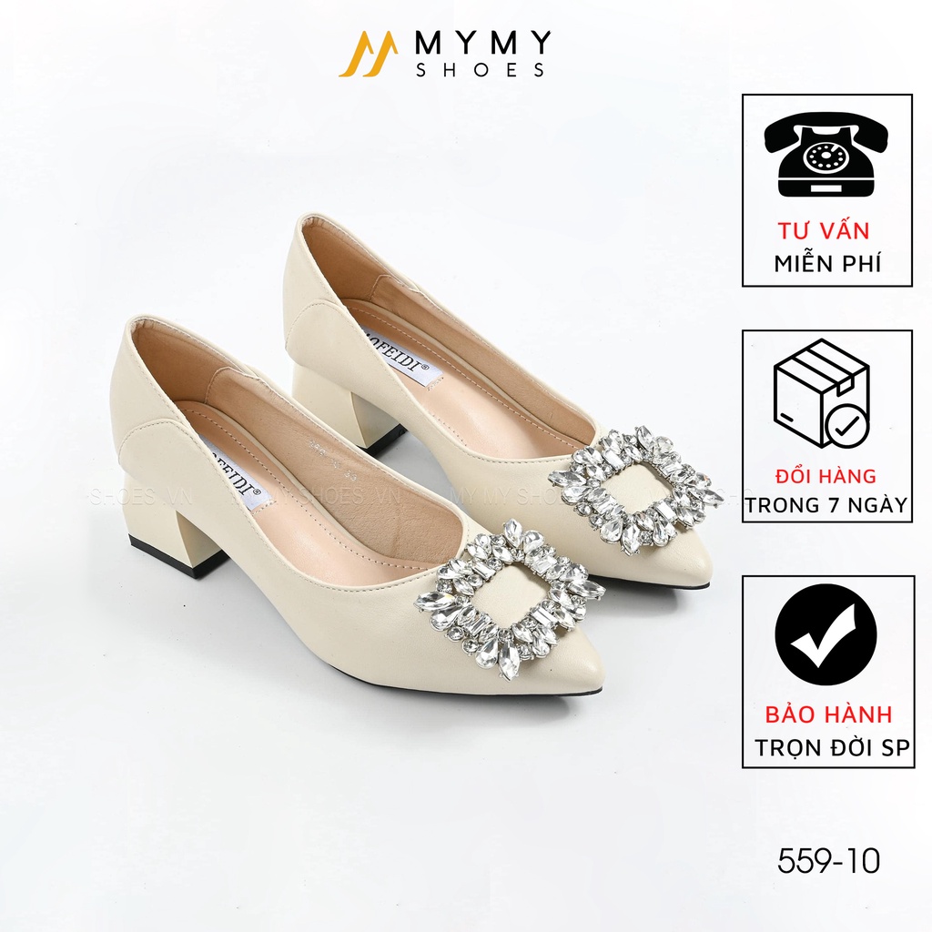 Giày cao gót mymy shoes da lì mũi nhọn gắn đá hình gót tráng vuông 5p 559-10