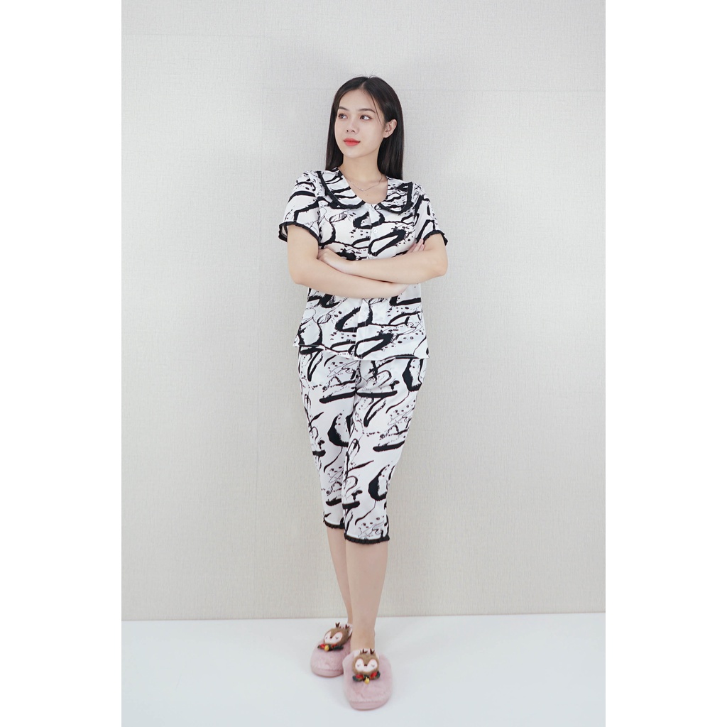 [ XẢ HÀNG] Bộ đồ Pijama nữ lửng MÀU TRẮNG ĐEN CỔ SEN BÈO - vải lụa nhật cao cấp - Cực Kì Sang Chảnh