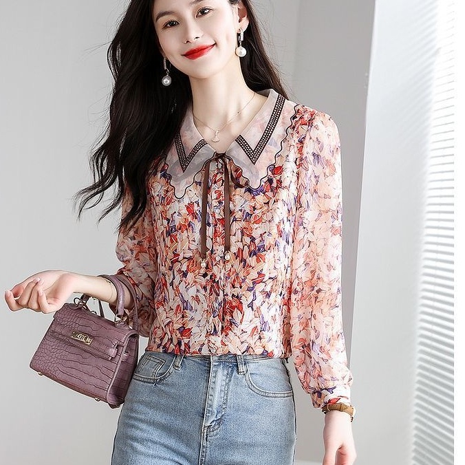 Áo Sơ Mi Chiffon Nữ Tay Dài In Hoa Thời Trang