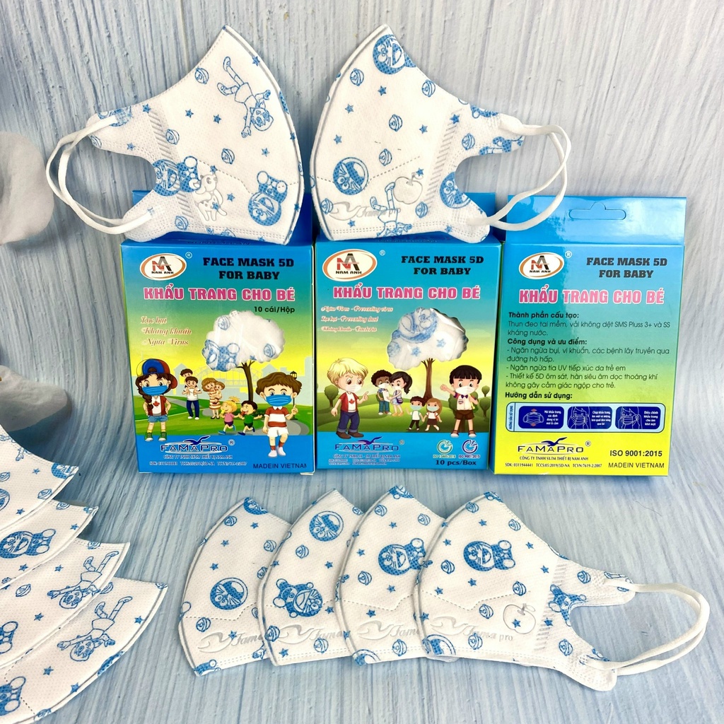 Khẩu Trang IN HÌNH cho bé 5D KIDS FAMAPRO hộp 10 cái 3 lớp kháng khuẩn