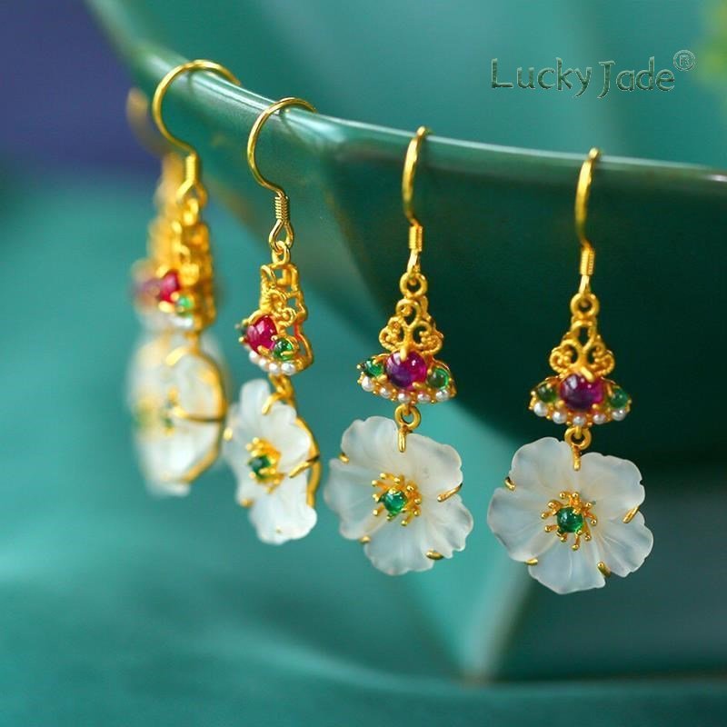 Bông Tai Mạ Bạc 925 Hình Hoa Đính Ngọc Bích Trắng Phong Cách Dân Tộc