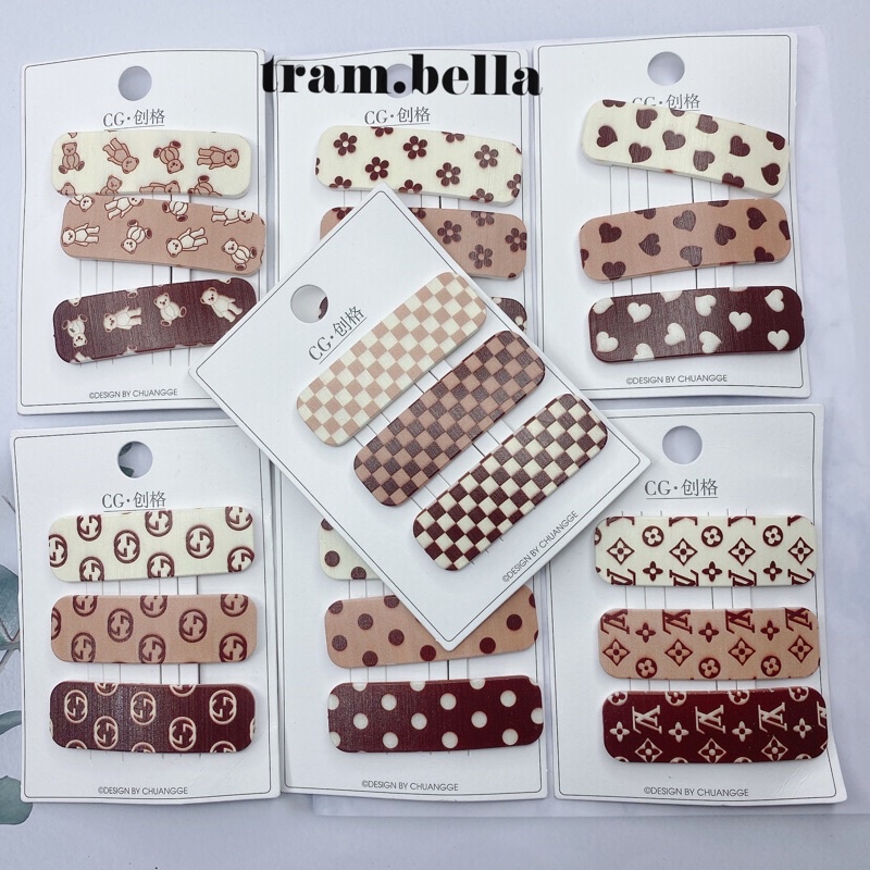 set 3 kẹp tóc kiểu caro đe trắng nhiều hình