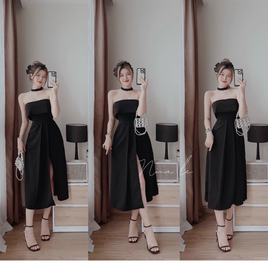 Đầm nữ thời trang mặc đi tiệc chất cotton lạnh trễ vai ôm ngực có mút váy maxi xếp ly xẻ trước có lót quần xinh xắn