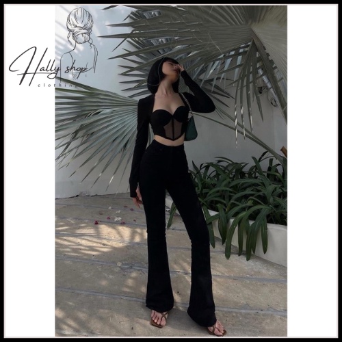 Áo corset thun tay dài có gọng  bra corset dài tay màu đen mẫu thiết kế sexy cao cấp HL009