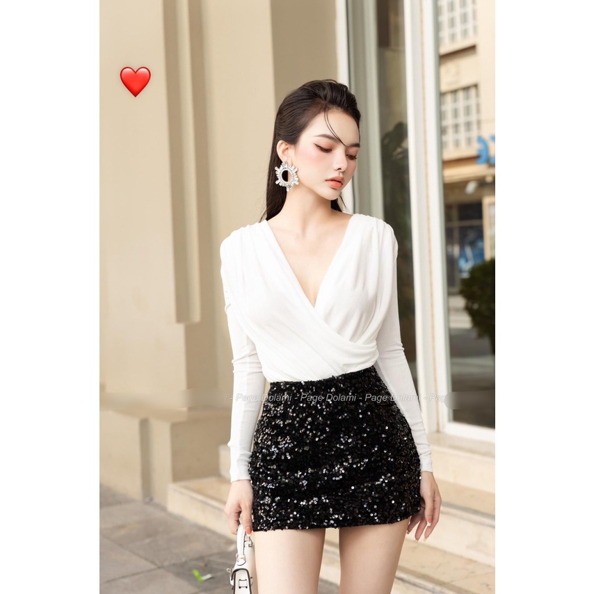 Áo kiểu nhũ tay dài đắp chéo ngực cổ chữ V cực xinh , chất thun nhũ hot