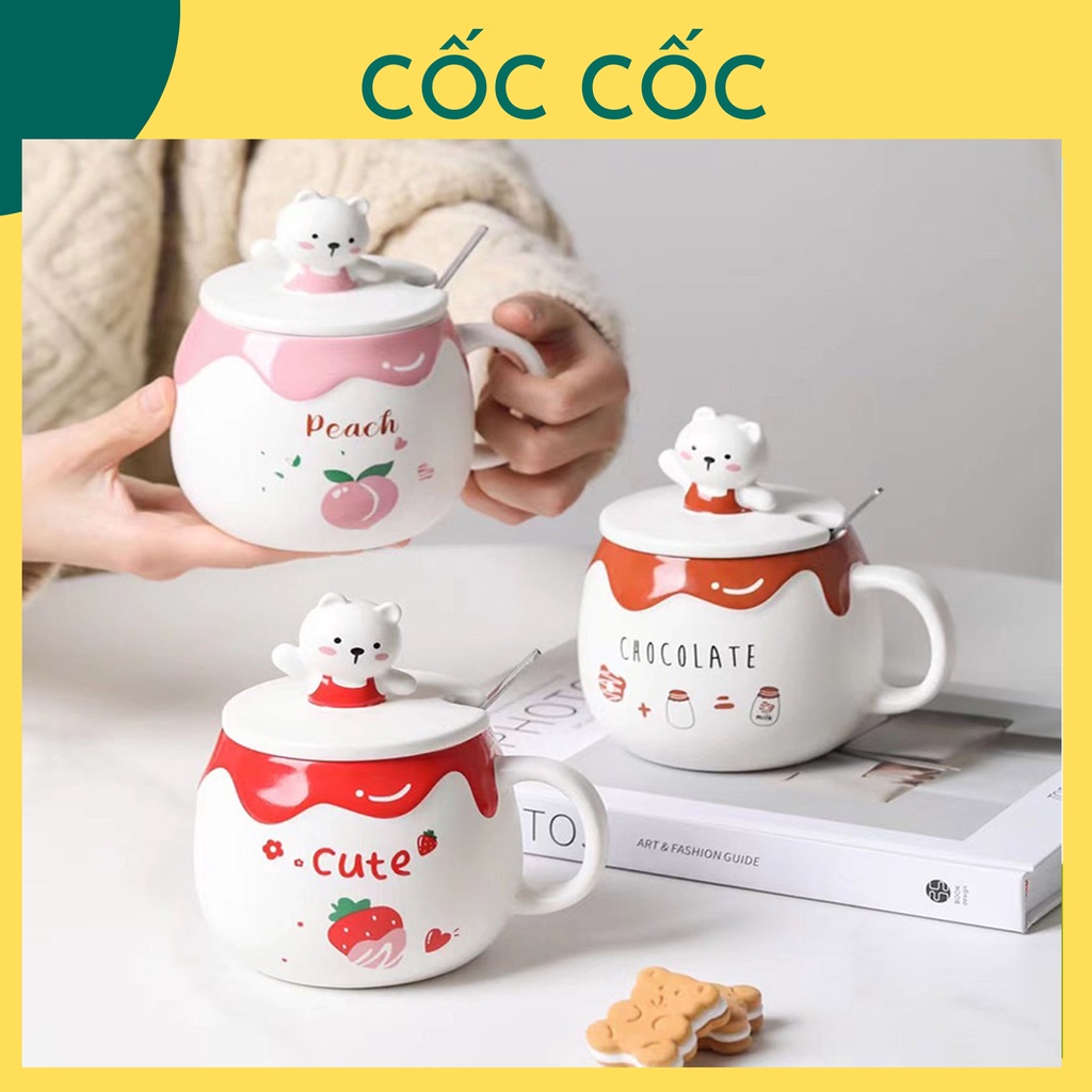 Ly cốc sứ CHOCOLATE có nắp sứ hình gấu 3D siêu kute Cốc Cốc dùng để uống nước uống trà cà phê quà tặng