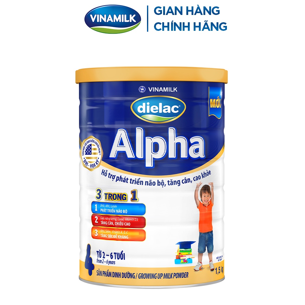 Sữa bột Vinamilk Dielac Alpha 4 hộp thiếc 1500g Sữa công thức 3 trong 1 hỗ trợ phát triển não bộ, tăng cân chiều cao