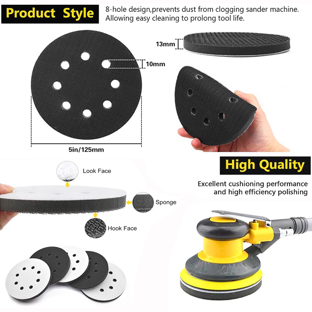 Set 2 Đệm Tự Dính 5Inch 8 Lỗ 125mm Tự Dính Phù Hợp Cho Máy Mài Và Đánh Bóng