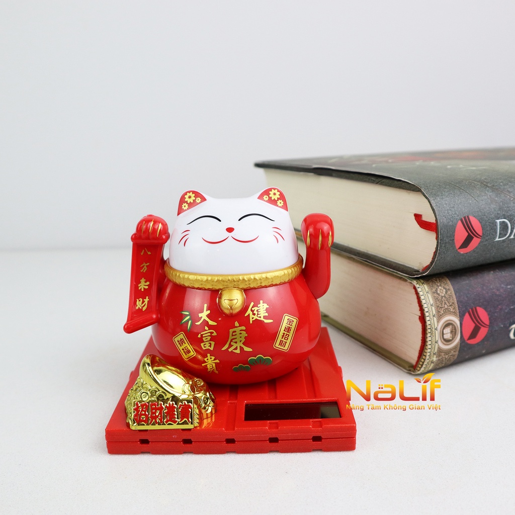 Mèo thần tài vẫy tay, màu đỏ, bụng bự dùng năng lượng mặt trời - trang trí bàn làm việc, xe hơi, oto, quà tặng sinh nhật