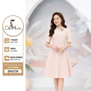 Đầm công sở citi mode fashion thiết kế dáng xòe nude phối kẻ dh3739