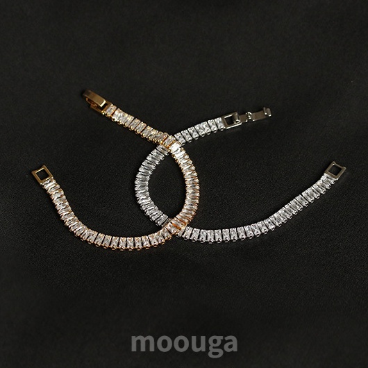 Moouga / Vòng Tay Dây Xích Dày Màu Vàng / Bạc Đính Kim Cương Thời Trang Sang Trọng