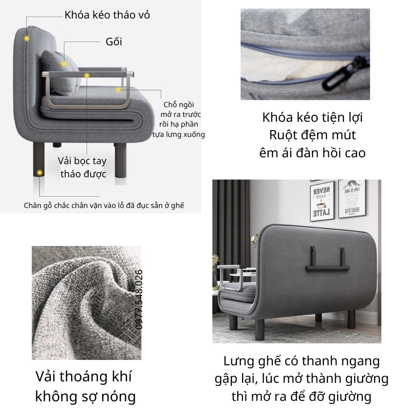 Ghế Sofa Giường Gấp Gọn Có Khóa Kéo Vệ Sinh, Sofa Giường Gấp 2 Trong 1 Khung Thép Chịu Tải 200kg (Tặng Kèm Gối Freeship) | BigBuy360 - bigbuy360.vn