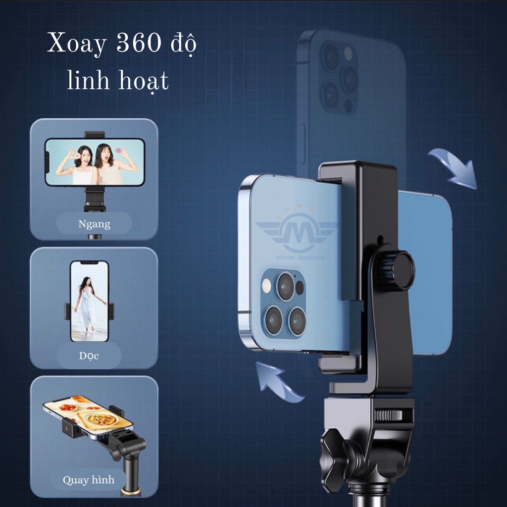 Giá đỡ tripod 3 chân cao cấp 1.8m tải 5kg hỗ trợ livestream chụp hình có kẹp điện thoại và remote Tripod Miền Đông