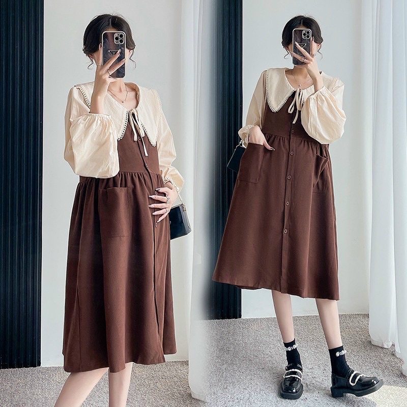 Váy DN01 Dạ Nhung Cổ Sen 2 Túi From Rộng Bầu Mặc Xinh