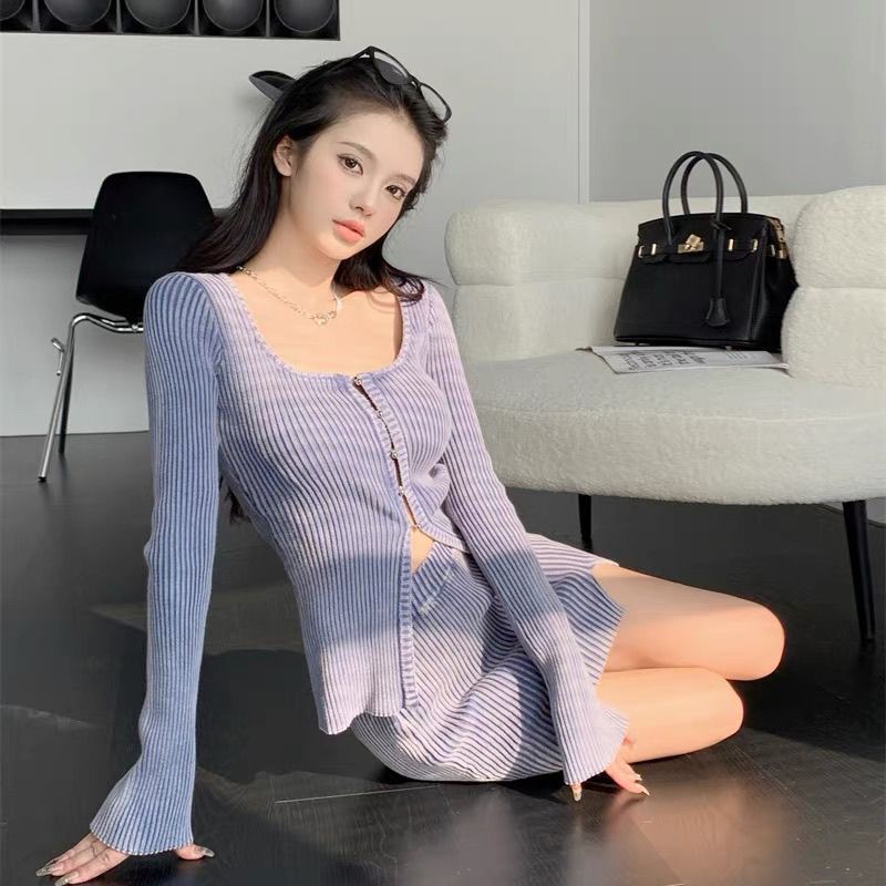 Áo Cardigan Dệt Kim Tay Dài Cổ Vuông Màu Xanh Dương Thời Trang Thu Đông Mới 2022 Dành Cho Bạn Nữ