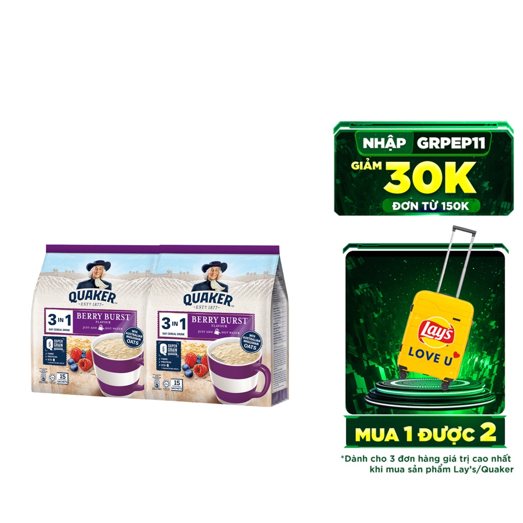 Combo 2 Túi Thức uống yến mạch Quaker 3in1 Vị Berry Burst 450g/túi