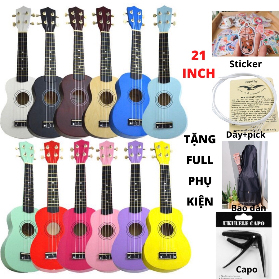 [Size 21inch] Đàn ukulele soprano màu chất liệu gỗ 100%