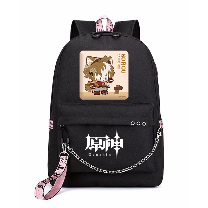 Balo thông minh đen in hình GENSHIN IMPACT ver CẮM TRẠI game anime chibi dễ thương cặp sách đi học