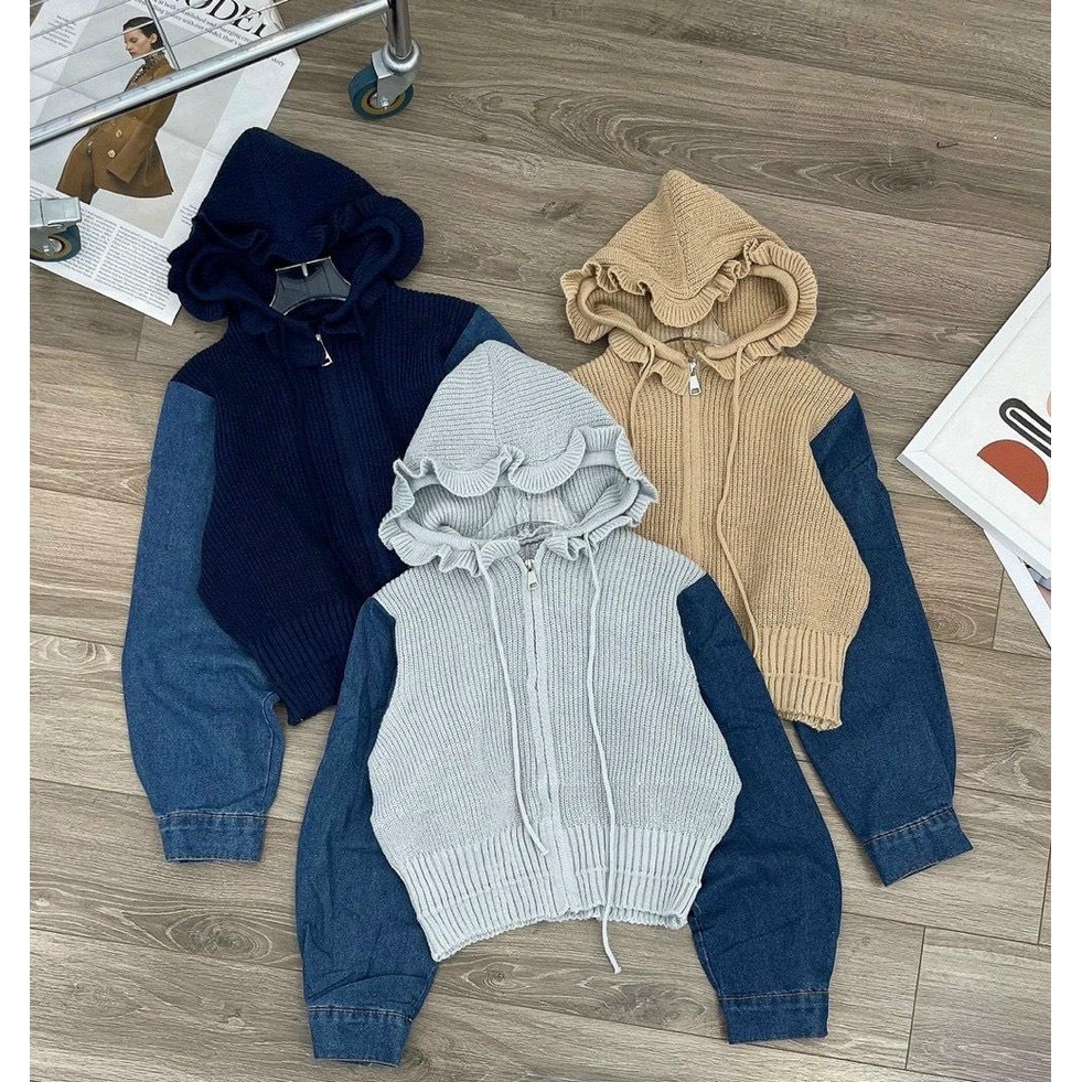 Áo khoác len nữ tay dài phối jean có nón hàng nhập