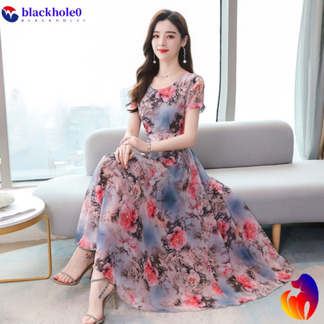 Đầm Dài Qua Gối Tay Ngắn In Họa Tiết Hoa Ngọt Ngào Lãng Mạn Cho Nữ