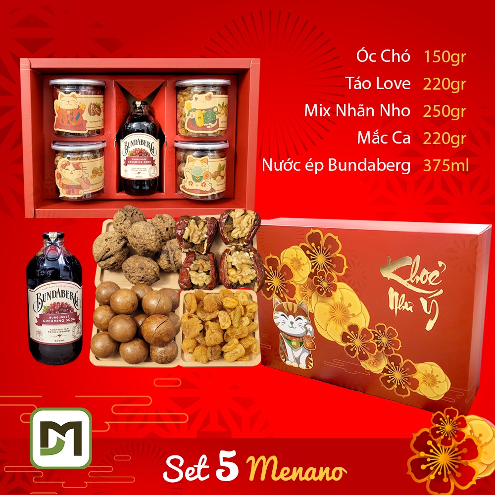 Hộp quà Tết 2023 - Set 5 hạt dinh dưỡng Menano nước trái cây, óc chó, táo kẹp, nhãn nho, mắc ca