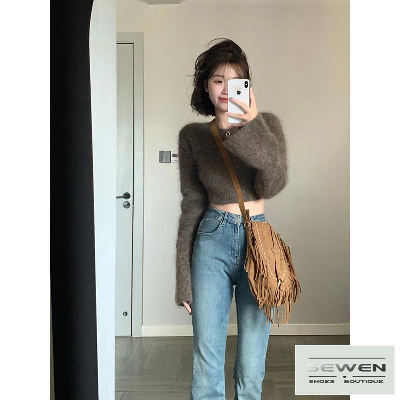 Áo Sweater Dáng Rộng Ngắn Mềm Mại Cao Cấp Phong Cách Retro Mùa Thu Đông Dành Cho Nữ