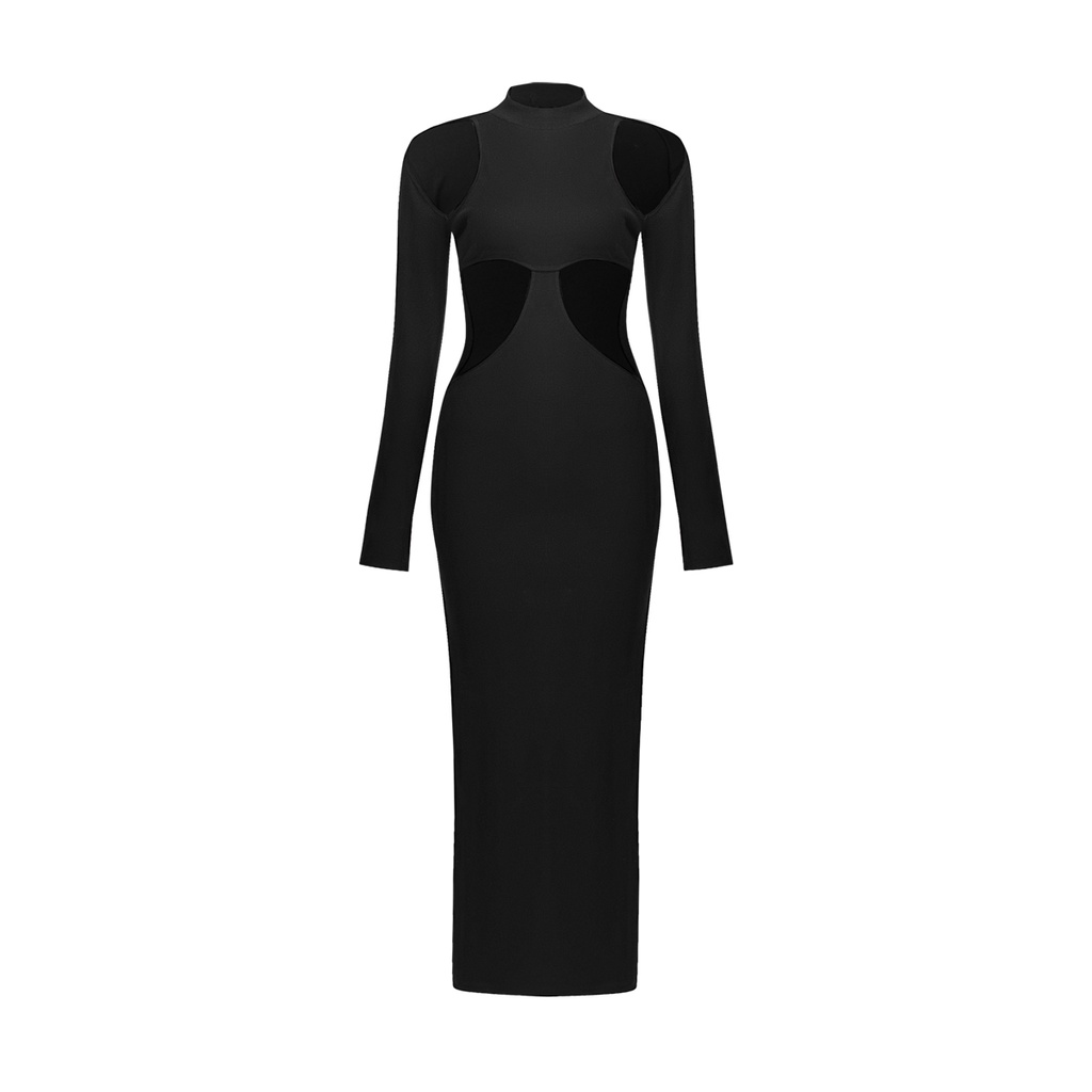 TATICHU - Đầm thun cổ lọ khoét vai eo - Long Sleeve Halter Cut Out Shoulder Dress